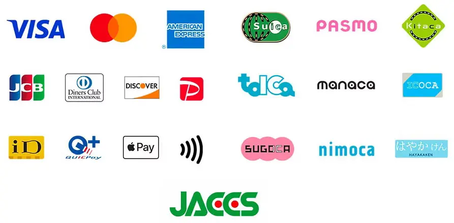 VISA, Mastercard, American Express, JCB, Diners Club, DISCOVER, PayPay, Apple Pay