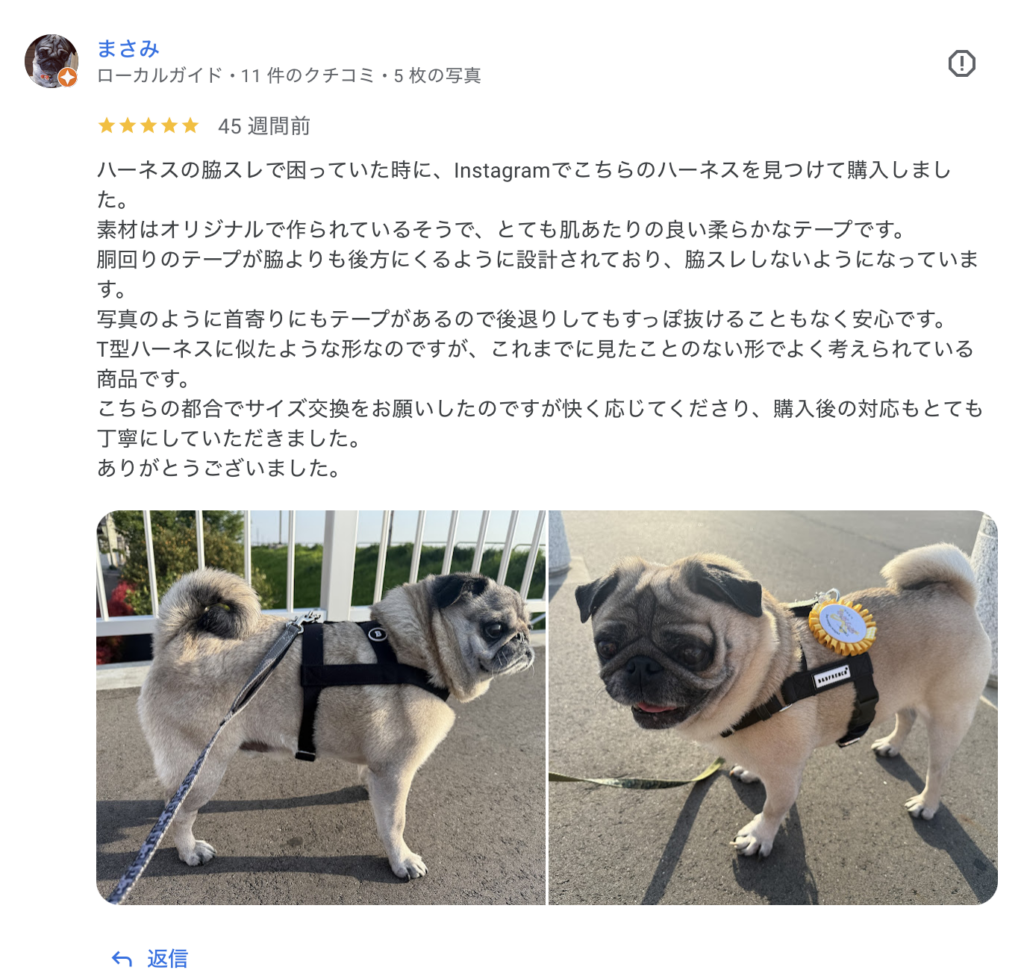 ハーネスの脇擦れに悩んでいた犬が改善した口コミと着用写真