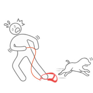 犬のハーネスが抜けて逃げ出す瞬間のイラスト|散歩中の脱走リスク