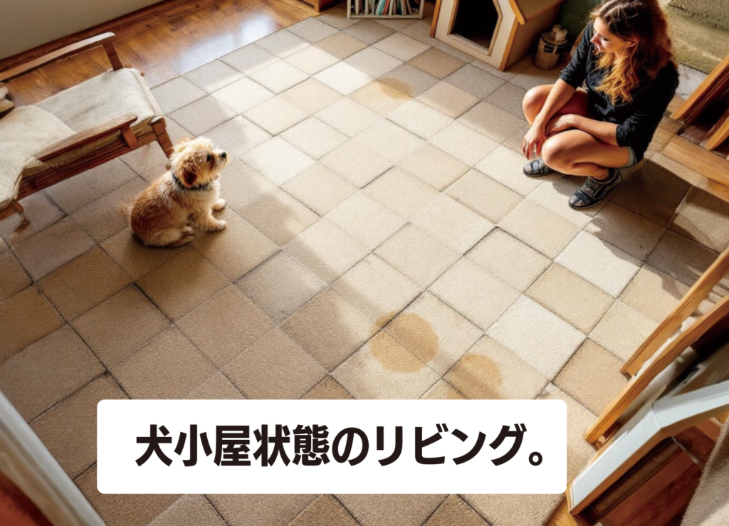 犬の滑り対策でカーペットを敷き詰めた犬小屋状態のリビング