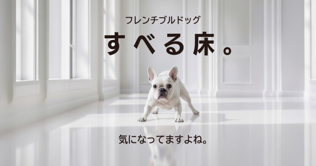 フローリングで滑るフレンチブルドッグ