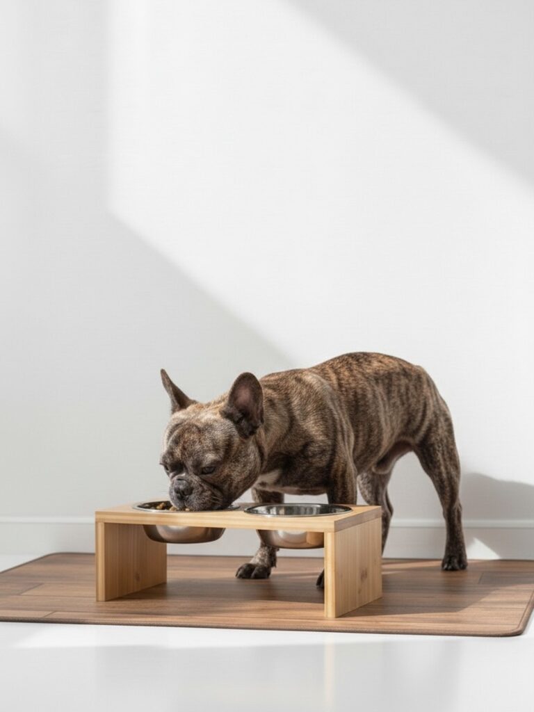 滑らない床の上で安定してご飯を食べるフレンチブルドッグ