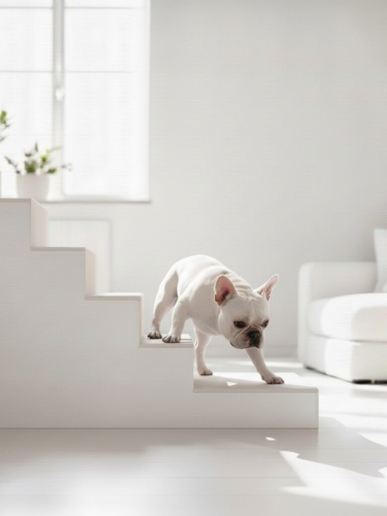 フローリングの階段を怖がって降りられないフレンチブルドッグ