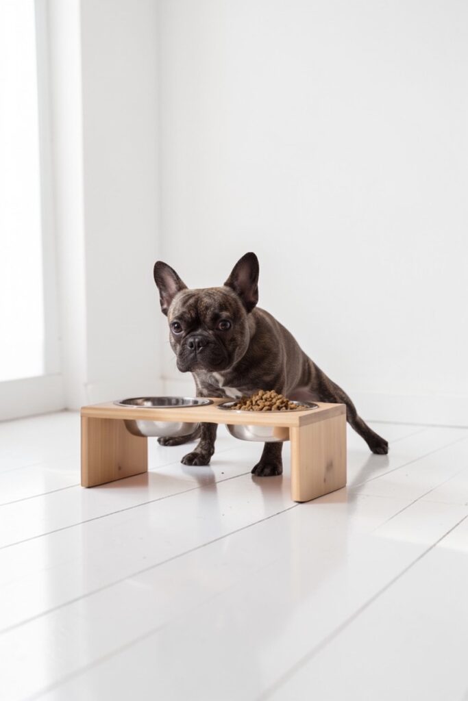 フレンチブルドッグがフローリングで滑りながらご飯を食べている様子