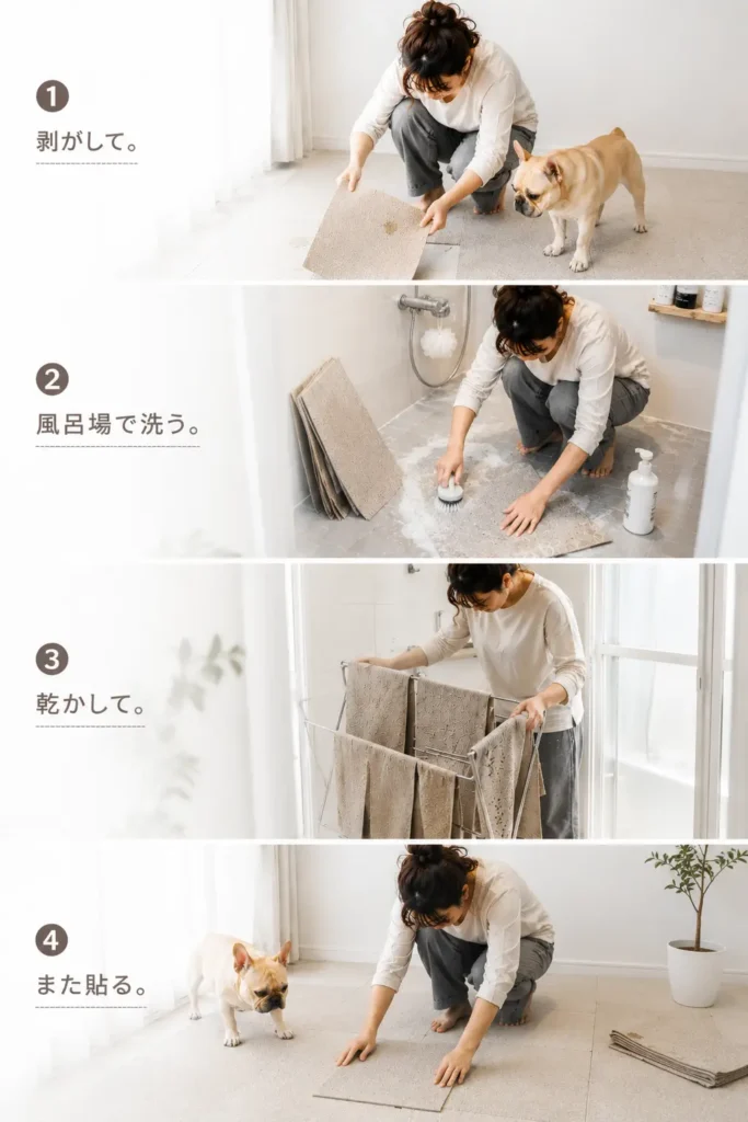 犬のタイルカーペット生活で、剥がす・洗う・乾かす・貼り直すを繰り返す飼い主とフレンチブルドッグ