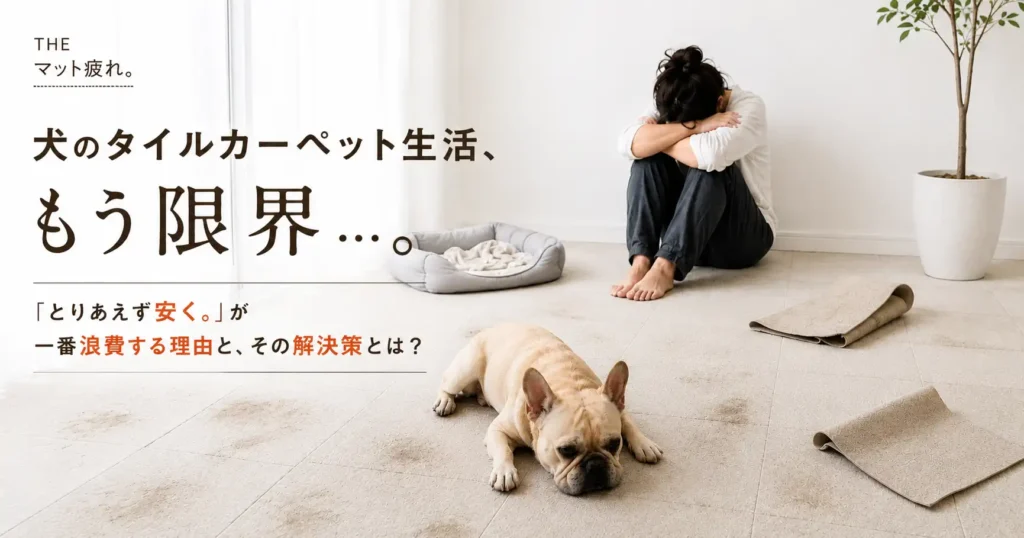 犬のタイルカーペット生活に疲れた飼い主とフレンチブルドッグ