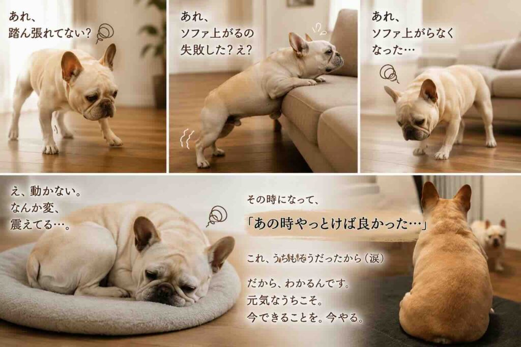 フレンチブルドッグがリビングを見つめる後ろ姿。犬の健康寿命とすべらない床の大切さを伝えるイメージ。