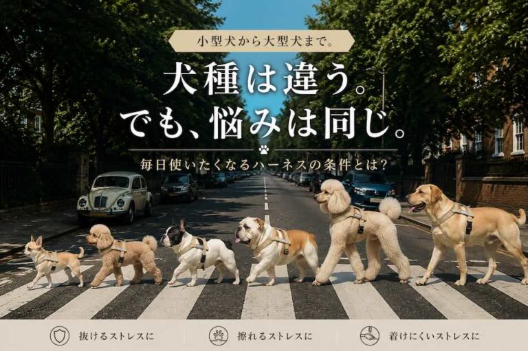 チワワ、トイプードル、フレンチブルドッグ、ブルドッグ、スタンダードプードル、ラブラドールレトリバーがハーネスを着けて横断歩道を歩くイメージ。犬種は違ってもハーネスの悩みは共通していることを表現。