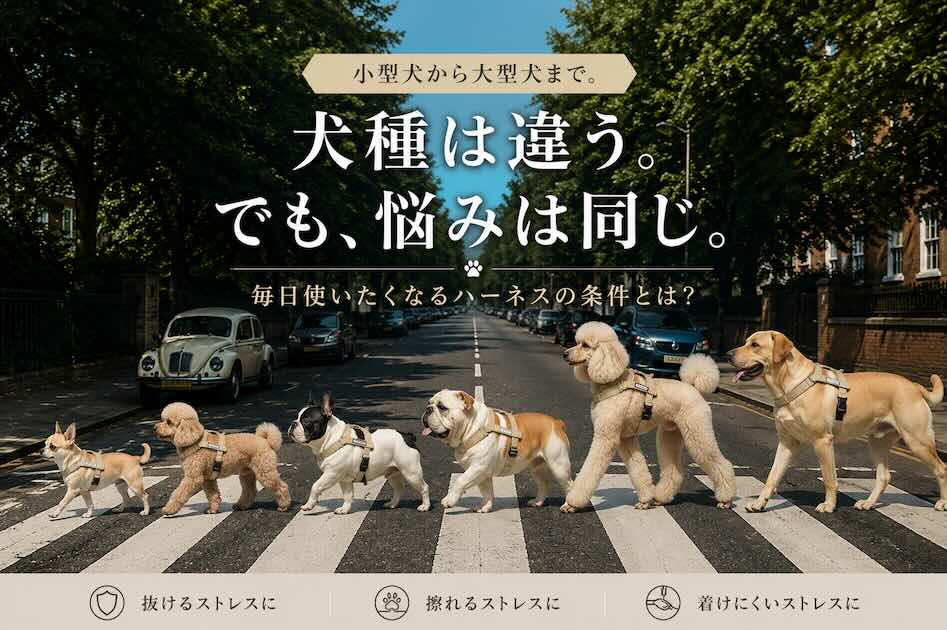 チワワ、トイプードル、フレンチブルドッグ、ブルドッグ、スタンダードプードル、ラブラドールレトリバーがハーネスを着けて横断歩道を歩くイメージ。犬種は違ってもハーネスの悩みは共通していることを表現。