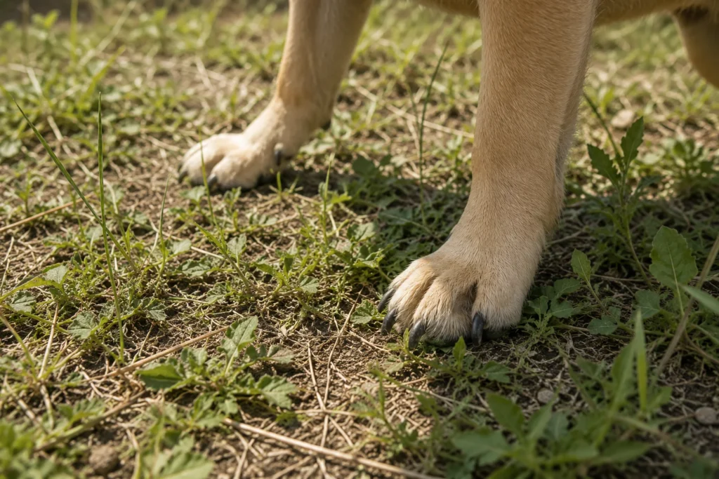 雑草や土の上でしっかり踏ん張る犬の足元。自然の地面でグリップする様子。