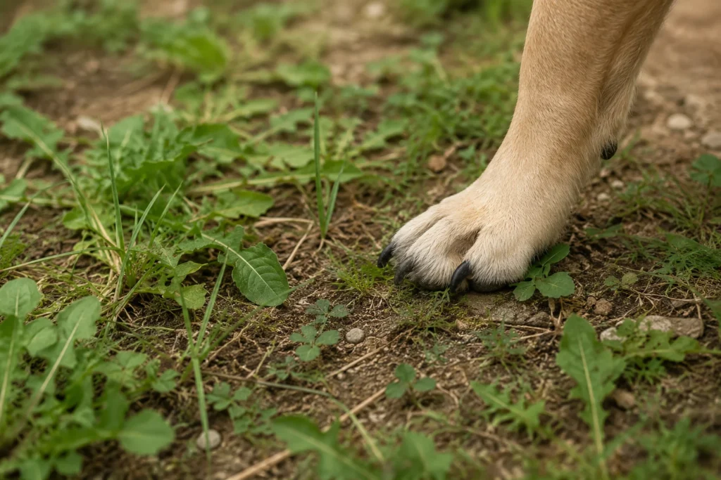 自然の地面に立つ犬の肉球と爪。肉球と爪が地面をグリップする様子。