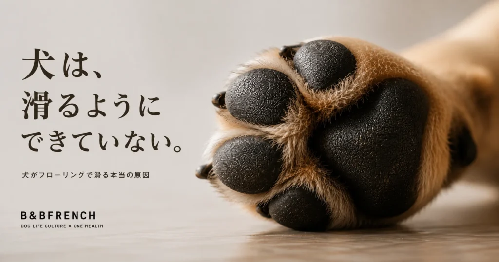 犬の肉球をクローズアップした写真。犬がフローリングで滑る原因を解説する記事のアイキャッチ画像。